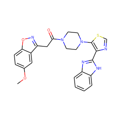 COc1ccc2onc(CC(=O)N3CCN(c4scnc4-c4nc5ccccc5[nH]4)CC3)c2c1 ZINC000143668500