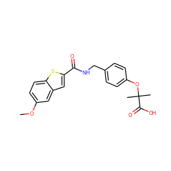 COc1ccc2sc(C(=O)NCc3ccc(OC(C)(C)C(=O)O)cc3)cc2c1 ZINC000028979036