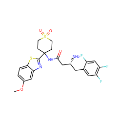 COc1ccc2sc(C3(NC(=O)C[C@H](N)Cc4cc(F)c(F)cc4F)CCS(=O)(=O)CC3)nc2c1 ZINC000044406237