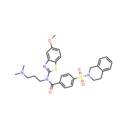 COc1ccc2sc(N(CCCN(C)C)C(=O)c3ccc(S(=O)(=O)N4CCc5ccccc5C4)cc3)nc2c1 ZINC000038144528