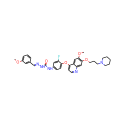 COc1cccc(/C=N/NC(=O)Nc2ccc(Oc3ccnc4cc(OCCCN5CCCCC5)c(OC)cc34)c(F)c2)c1 ZINC000096283537