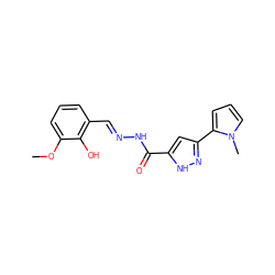 COc1cccc(/C=N/NC(=O)c2cc(-c3cccn3C)n[nH]2)c1O ZINC000012338747