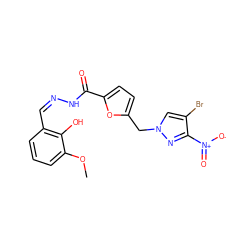 COc1cccc(/C=N\NC(=O)c2ccc(Cn3cc(Br)c([N+](=O)[O-])n3)o2)c1O ZINC000019840359