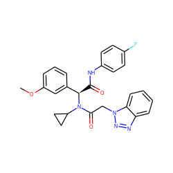 COc1cccc([C@@H](C(=O)Nc2ccc(F)cc2)N(C(=O)Cn2nnc3ccccc32)C2CC2)c1 ZINC000001333587