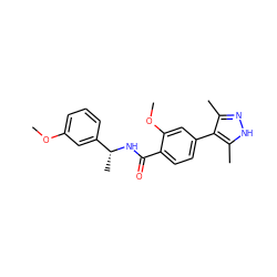 COc1cccc([C@@H](C)NC(=O)c2ccc(-c3c(C)n[nH]c3C)cc2OC)c1 ZINC001772621454