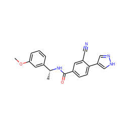 COc1cccc([C@@H](C)NC(=O)c2ccc(-c3cn[nH]c3)c(C#N)c2)c1 ZINC001772612639