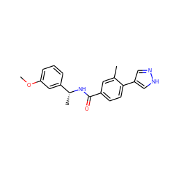 COc1cccc([C@@H](C)NC(=O)c2ccc(-c3cn[nH]c3)c(C)c2)c1 ZINC001772634000