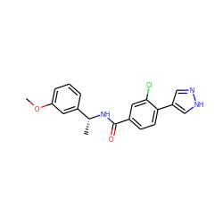 COc1cccc([C@@H](C)NC(=O)c2ccc(-c3cn[nH]c3)c(Cl)c2)c1 ZINC001772622813