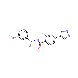 COc1cccc([C@@H](C)NC(=O)c2ccc(-c3cn[nH]c3)cc2C)c1 ZINC000221711559