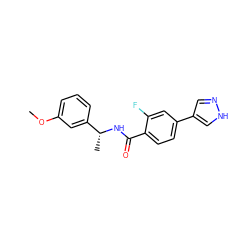 COc1cccc([C@@H](C)NC(=O)c2ccc(-c3cn[nH]c3)cc2F)c1 ZINC000221715583