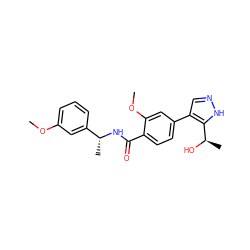 COc1cccc([C@@H](C)NC(=O)c2ccc(-c3cn[nH]c3[C@@H](C)O)cc2OC)c1 ZINC000224680904