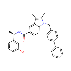 COc1cccc([C@@H](C)NC(=O)c2ccc3c(c2)c(C)c(C)n3Cc2ccc(-c3ccccc3)cc2)c1 ZINC000220909400