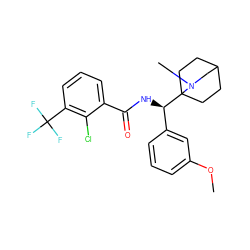 COc1cccc([C@@H](NC(=O)c2cccc(C(F)(F)F)c2Cl)C23CCC(CC2)CN3C)c1 ZINC000141409285