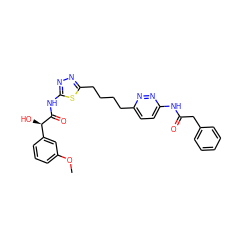 COc1cccc([C@@H](O)C(=O)Nc2nnc(CCCCc3ccc(NC(=O)Cc4ccccc4)nn3)s2)c1 ZINC000169698203
