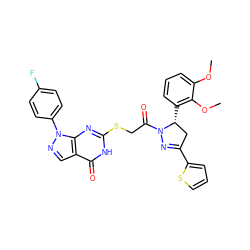 COc1cccc([C@@H]2CC(c3cccs3)=NN2C(=O)CSc2nc3c(cnn3-c3ccc(F)cc3)c(=O)[nH]2)c1OC ZINC000008830325