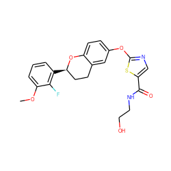 COc1cccc([C@@H]2CCc3cc(Oc4ncc(C(=O)NCCO)s4)ccc3O2)c1F ZINC000169710752