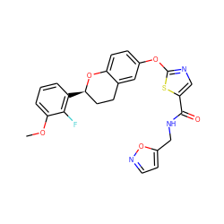 COc1cccc([C@@H]2CCc3cc(Oc4ncc(C(=O)NCc5ccno5)s4)ccc3O2)c1F ZINC000169710754