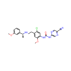 COc1cccc([C@H](C)NCCc2cc(OC)c(NC(=O)Nc3cnc(C#N)cn3)cc2Cl)c1 ZINC000169128589