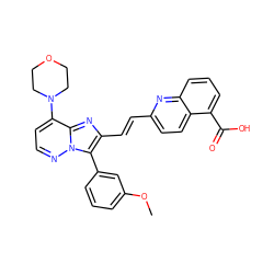 COc1cccc(-c2c(/C=C/c3ccc4c(C(=O)O)cccc4n3)nc3c(N4CCOCC4)ccnn23)c1 ZINC001772623301