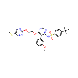 COc1cccc(-c2c(NS(=O)(=O)c3ccc(C(C)(C)C)cc3)ncnc2OCCOc2ncc(SC)cn2)c1 ZINC000027079944