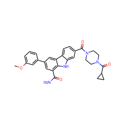 COc1cccc(-c2cc(C(N)=O)c3[nH]c4cc(C(=O)N5CCN(C(=O)C6CC6)CC5)ccc4c3c2)c1 ZINC000113199359