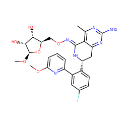 COc1cccc(-c2cc(F)ccc2[C@H]2Cc3nc(N)nc(C)c3/C(=N/OC[C@H]3O[C@@H](OC)[C@H](O)[C@@H]3O)N2)n1 ZINC000116438269