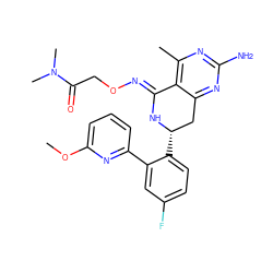 COc1cccc(-c2cc(F)ccc2[C@H]2Cc3nc(N)nc(C)c3/C(=N/OCC(=O)N(C)C)N2)n1 ZINC000116437405