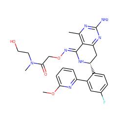 COc1cccc(-c2cc(F)ccc2[C@H]2Cc3nc(N)nc(C)c3/C(=N/OCC(=O)N(C)CCO)N2)n1 ZINC000116438877