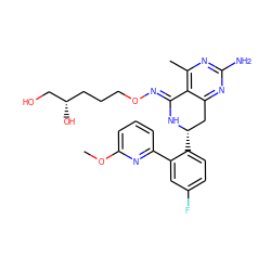 COc1cccc(-c2cc(F)ccc2[C@H]2Cc3nc(N)nc(C)c3/C(=N/OCCC[C@H](O)CO)N2)n1 ZINC000116438144