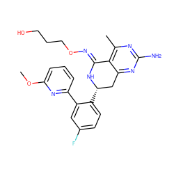 COc1cccc(-c2cc(F)ccc2[C@H]2Cc3nc(N)nc(C)c3/C(=N/OCCCO)N2)n1 ZINC000116437951