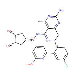 COc1cccc(-c2cc(F)ccc2[C@H]2Cc3nc(N)nc(C)c3C(NO[C@@H]3C[C@H](O)[C@H](O)C3)=N2)n1 ZINC000261081117