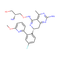 COc1cccc(-c2cc(F)ccc2[C@H]2Cc3nc(N)nc(C)c3C(NOC[C@H](N)CO)=N2)n1 ZINC000088285792