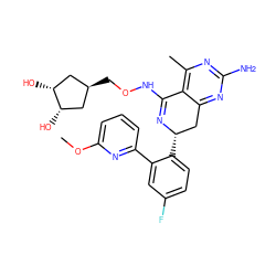 COc1cccc(-c2cc(F)ccc2[C@H]2Cc3nc(N)nc(C)c3C(NOC[C@H]3C[C@H](O)[C@H](O)C3)=N2)n1 ZINC000261168224