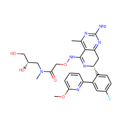 COc1cccc(-c2cc(F)ccc2[C@H]2Cc3nc(N)nc(C)c3C(NOCC(=O)N(C)C[C@H](O)CO)=N2)n1 ZINC000088285723