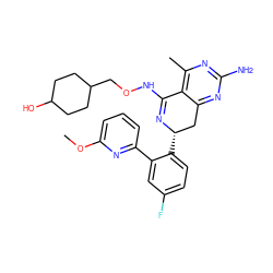 COc1cccc(-c2cc(F)ccc2[C@H]2Cc3nc(N)nc(C)c3C(NOCC3CCC(O)CC3)=N2)n1 ZINC000088285595