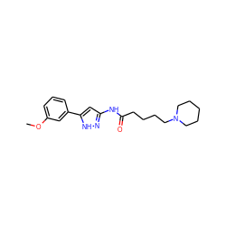 COc1cccc(-c2cc(NC(=O)CCCCN3CCCCC3)n[nH]2)c1 ZINC000084740598