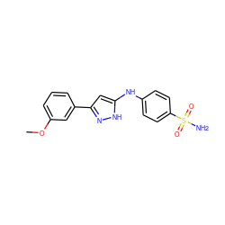 COc1cccc(-c2cc(Nc3ccc(S(N)(=O)=O)cc3)[nH]n2)c1 ZINC000013538181