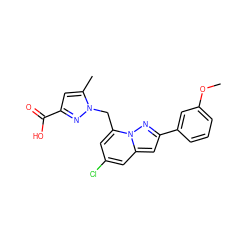 COc1cccc(-c2cc3cc(Cl)cc(Cn4nc(C(=O)O)cc4C)n3n2)c1 ZINC000206943294