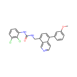 COc1cccc(-c2ccc(CNC(=O)Nc3cccc(Cl)c3Cl)c3cnccc23)c1 ZINC000653749380