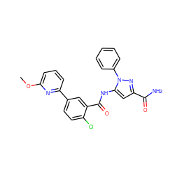 COc1cccc(-c2ccc(Cl)c(C(=O)Nc3cc(C(N)=O)nn3-c3ccccc3)c2)n1 ZINC001772654362