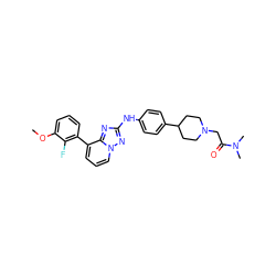 COc1cccc(-c2cccn3nc(Nc4ccc(C5CCN(CC(=O)N(C)C)CC5)cc4)nc23)c1F ZINC000096169853