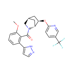 COc1cccc(-c2ccn[nH]2)c1C(=O)N1C[C@H]2C[C@@H](Oc3ccc(C(F)(F)F)cn3)[C@H]1C2 ZINC000218364023