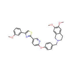 COc1cccc(-c2csc(-c3ccc(Oc4ccc(CN5CCc6cc(OC)c(OC)cc6C5)cc4)nc3)n2)c1 ZINC000095589231