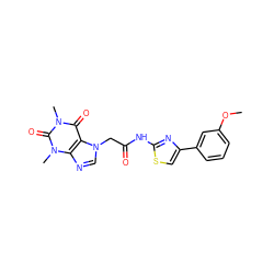 COc1cccc(-c2csc(NC(=O)Cn3cnc4c3c(=O)n(C)c(=O)n4C)n2)c1 ZINC000038575522