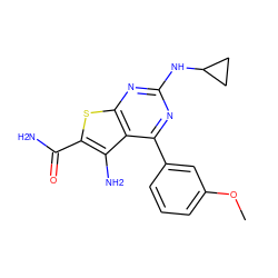 COc1cccc(-c2nc(NC3CC3)nc3sc(C(N)=O)c(N)c23)c1 ZINC000073219707