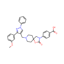 COc1cccc(-c2nn(-c3ccccc3)cc2CN2CCC3(CC2)CN(c2ccc(C(=O)O)cc2)C(=O)O3)c1 ZINC000169702625