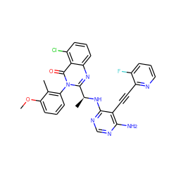 COc1cccc(-n2c([C@H](C)Nc3ncnc(N)c3C#Cc3ncccc3F)nc3cccc(Cl)c3c2=O)c1C ZINC000219114510