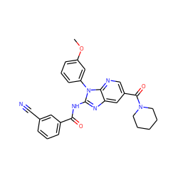 COc1cccc(-n2c(NC(=O)c3cccc(C#N)c3)nc3cc(C(=O)N4CCCCC4)cnc32)c1 ZINC000064512909