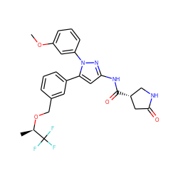 COc1cccc(-n2nc(NC(=O)[C@@H]3CNC(=O)C3)cc2-c2cccc(CO[C@H](C)C(F)(F)F)c2)c1 ZINC000169707359