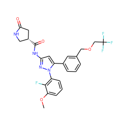 COc1cccc(-n2nc(NC(=O)[C@@H]3CNC(=O)C3)cc2-c2cccc(COCC(F)(F)F)c2)c1F ZINC000169707387